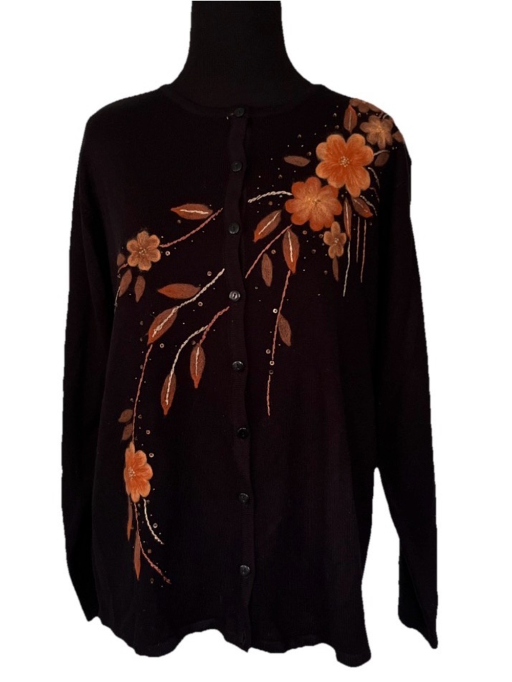Vintage Jenny Embroidered Grannycore Floral Sequin Cardigan Black Size Large